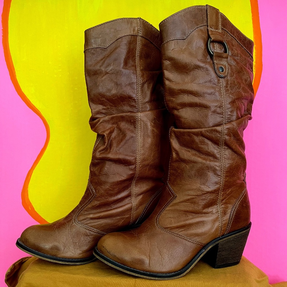 Steve Madden Cognac Leather Slouchy Cowboy Boots
